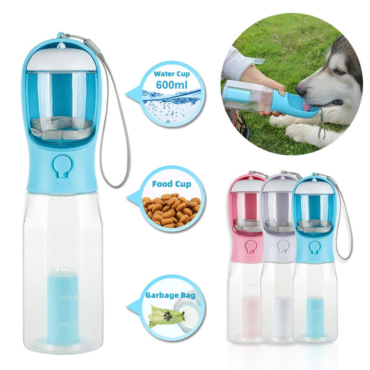 3-in-1 Portable Dog Water Bottle with Food Feeder and Portable Bag Holder